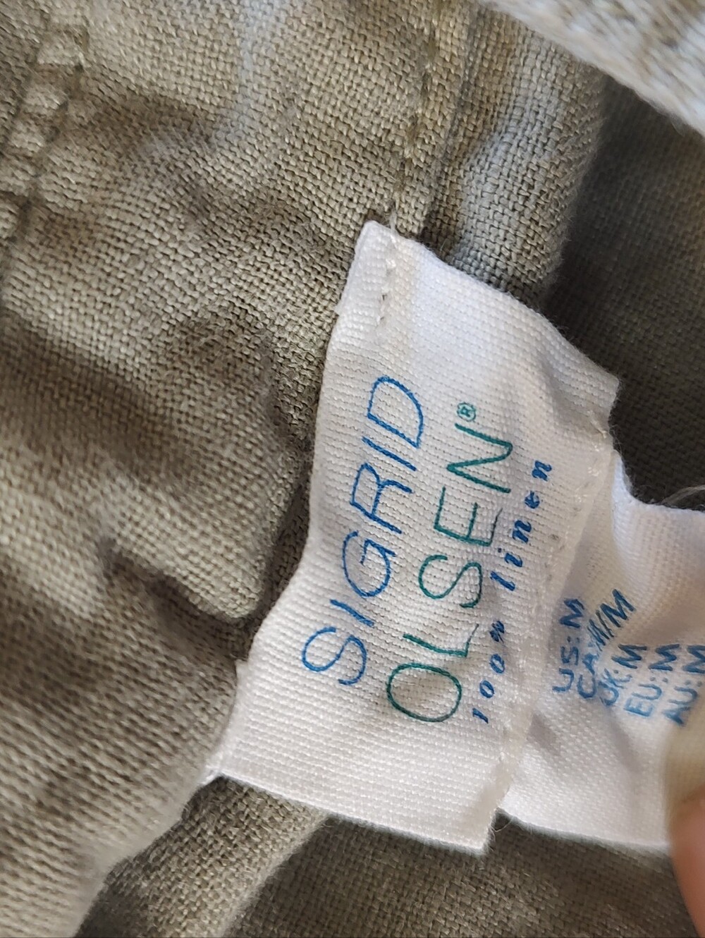Sigrid Olsen Casual Short-Sleeve Button-Down Shirt Olive Green Collar 100% Linen - Picture 2 of 3
